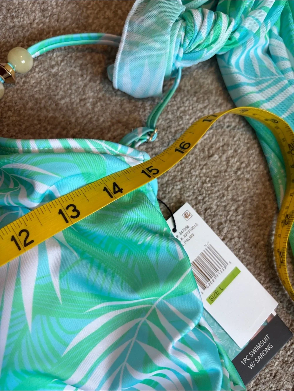 Nicole Miller Mint Green Tropical Leaf One-Piece Swimsuit with sarong size large